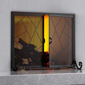 fire beauty fireplace screen with hinged doors cast iron border sturdy steel frame durable metal mesh decorative spark guard black finish(middle)