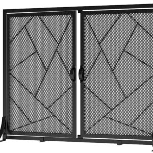 Fire Beauty Fireplace Screen with Hinged Doors Cast Iron Border Sturdy Steel Frame Durable Metal Mesh Decorative Spark Guard Black Finish(Middle)