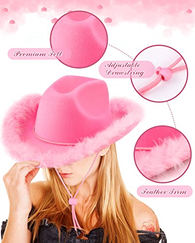 Jecery 24 Pieces Pink Cowboy Cowgirl Hat Bulk with Feather Boa for Women Girl Wedding Bachelorette Birthday West Party Costume Accessories