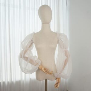 Detachable Sleeves for Wedding Dress Puffy Plain Tulle Sheer Full Sleeve with Spadex Band Detached Bridal Sleeve Ivory