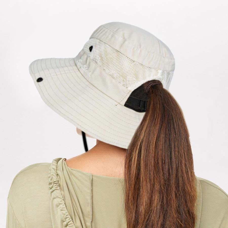 Sun Hat for Women Summer UV Protection Beach Hat Wide Brim Mesh Bucket Fishing Hat with Ponytail Hole Foldable Packable Hat Beige