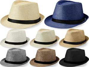 8 pack panama trilby straw sun hat with leather belt straw hats short brim summer beach hat for men women (elegant color)