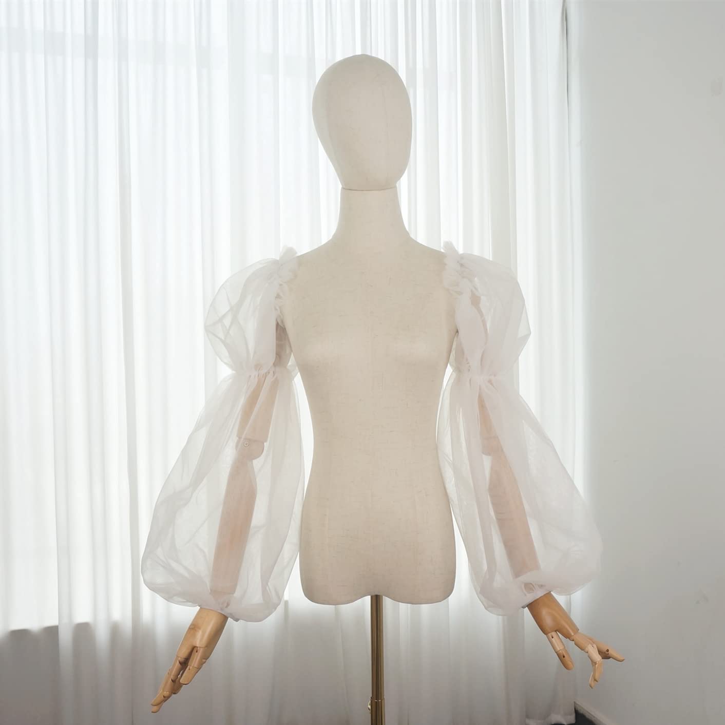 Detachable Sleeves for Wedding Dress Puffy Plain Tulle Sheer Full Sleeve with Spadex Band Detached Bridal Sleeve Ivory