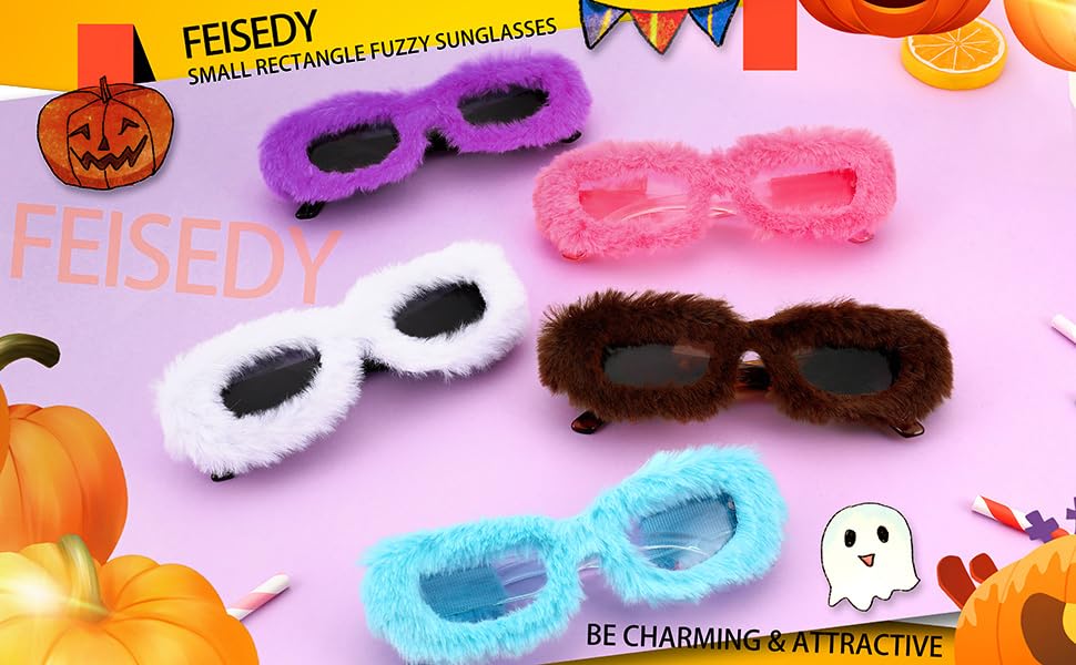 FEISEDY Women Plush Fuzzy Small Rectangle Sunglasses Punk Soft Velvet Shades Ladies Handmade Party Cosplay Eyewear B4093