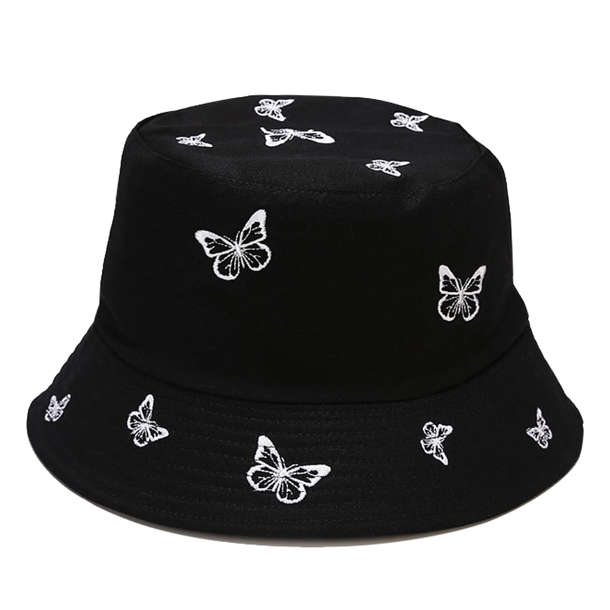 Umeepar Embroidered Bucket Hat Reversible Packable Foldable Beach Sun Hat Outdoor Cap for Women Men (Butterfly Black/Plain Black)