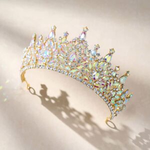 SWEETV Tiara Crown for Women Girls, Aurora Borealis Crystal Princess Crown, Wedding Tiara for Bride, Hair Accessories for Birthday Prom Party Quinceanera Pageant, Iridescent