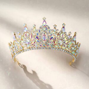 SWEETV Tiara Crown for Women Girls, Aurora Borealis Crystal Princess Crown, Wedding Tiara for Bride, Hair Accessories for Birthday Prom Party Quinceanera Pageant, Iridescent