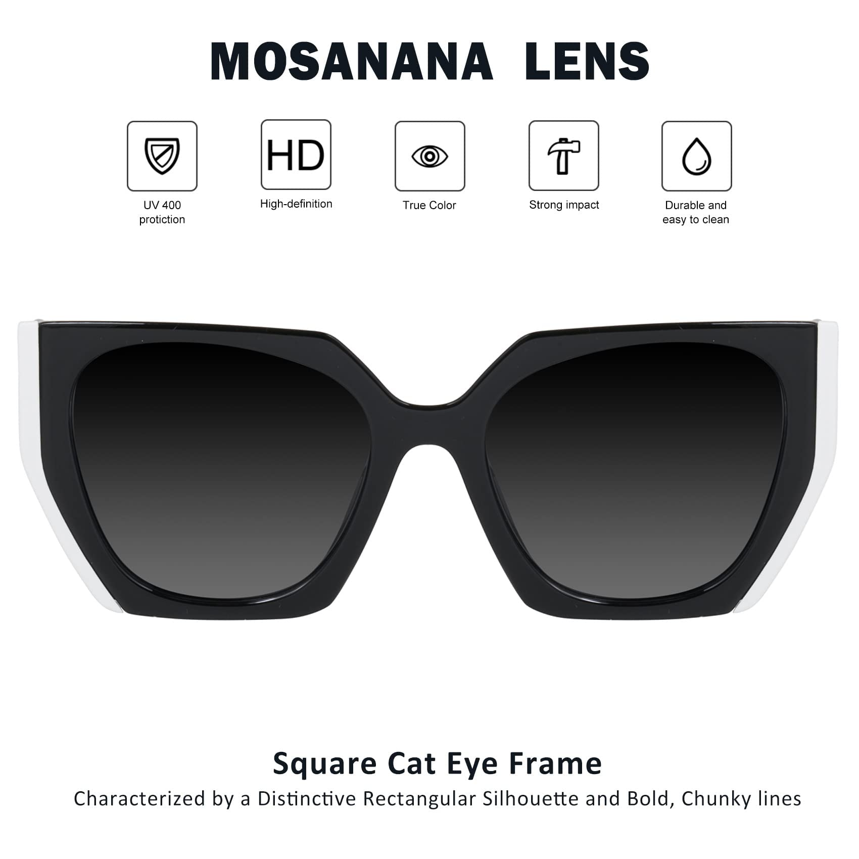 mosanana Square Cat Eye Sunglasses for Women Trendy Black White Cateye Rectangle Cool 90s Cute Funky Fashion 2022 Ladies 70s Retro Vintage Youth Chunky Baddie Stylish Sharp Pointed Shade 80s COCO