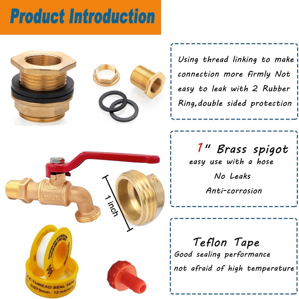 Rain Barrel Spigot, Brass Faucet Kit for Rain Water Barrel, Water Tanks, Tubs, Pools Etc, Turn Ball Valve Rain Barrel Spigot with Bulkhead Fitting Set