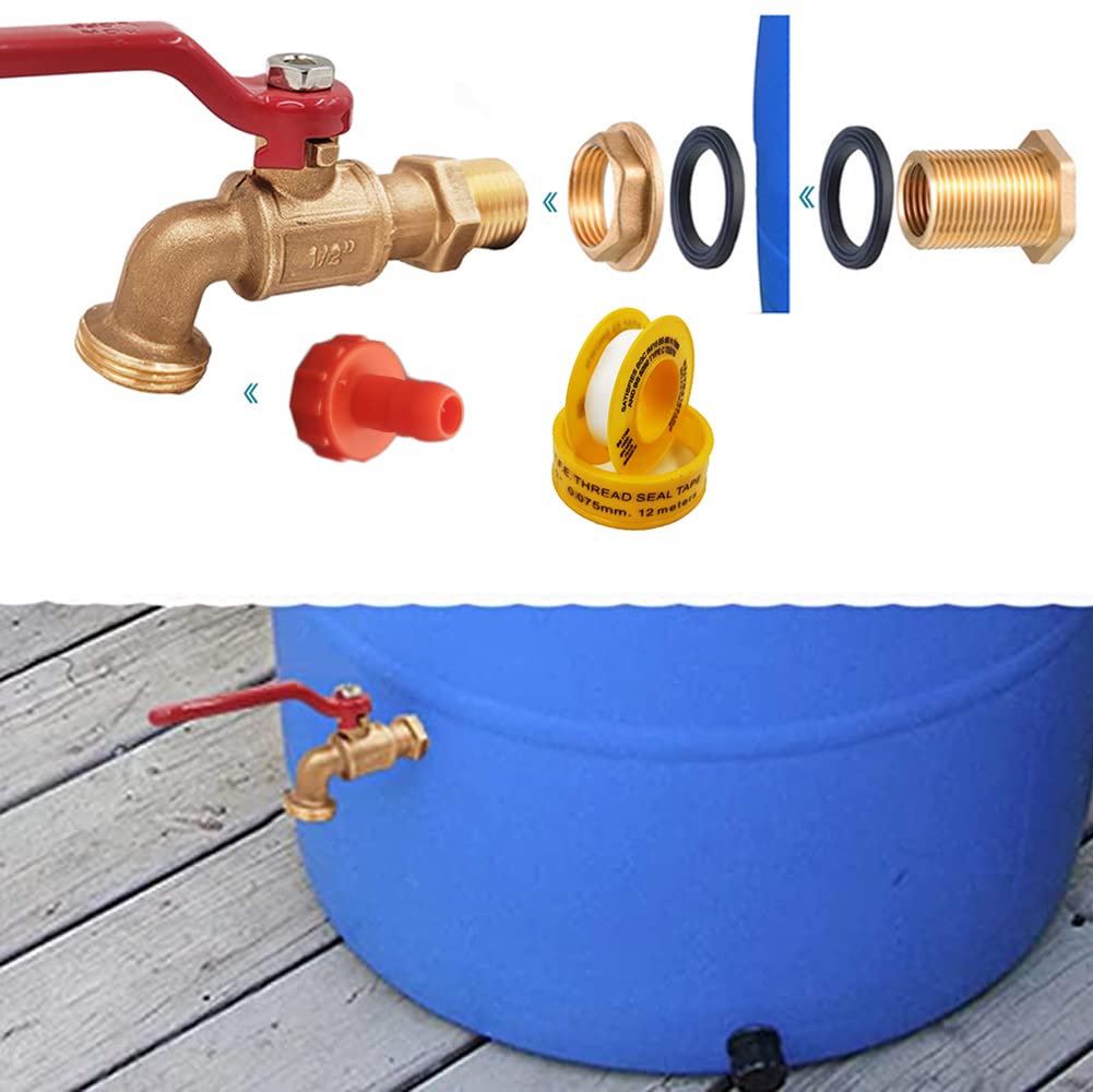 Rain Barrel Spigot, Brass Faucet Kit for Rain Water Barrel, Water Tanks, Tubs, Pools Etc, Turn Ball Valve Rain Barrel Spigot with Bulkhead Fitting Set