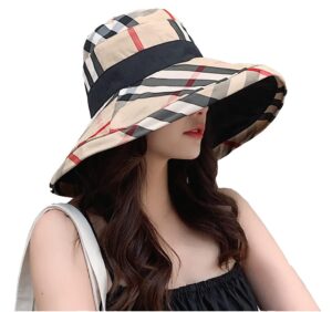 ruinuo womens plaid bucket hats wide brim sun hat double sided windproof summer beach hats for fishing hiking travel golf beige