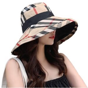 RUINUO Womens Plaid Bucket Hats Wide Brim Sun Hat Double Sided Windproof Summer Beach Hats for Fishing Hiking Travel Golf Beige