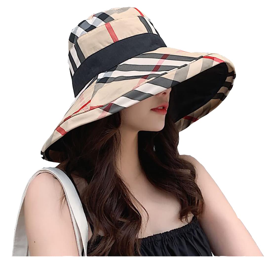 RUINUO Womens Plaid Bucket Hats Wide Brim Sun Hat Double Sided Windproof Summer Beach Hats for Fishing Hiking Travel Golf Beige