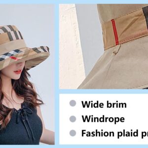 RUINUO Womens Plaid Bucket Hats Wide Brim Sun Hat Double Sided Windproof Summer Beach Hats for Fishing Hiking Travel Golf Beige