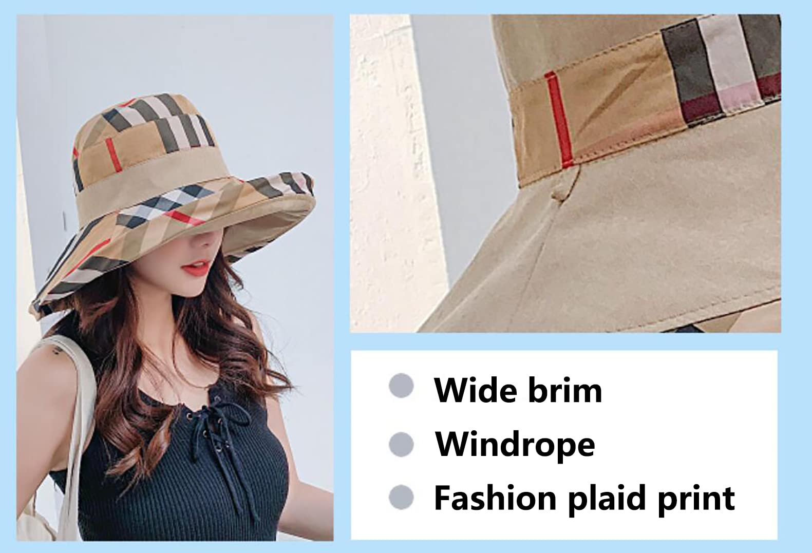 RUINUO Womens Plaid Bucket Hats Wide Brim Sun Hat Double Sided Windproof Summer Beach Hats for Fishing Hiking Travel Golf Beige