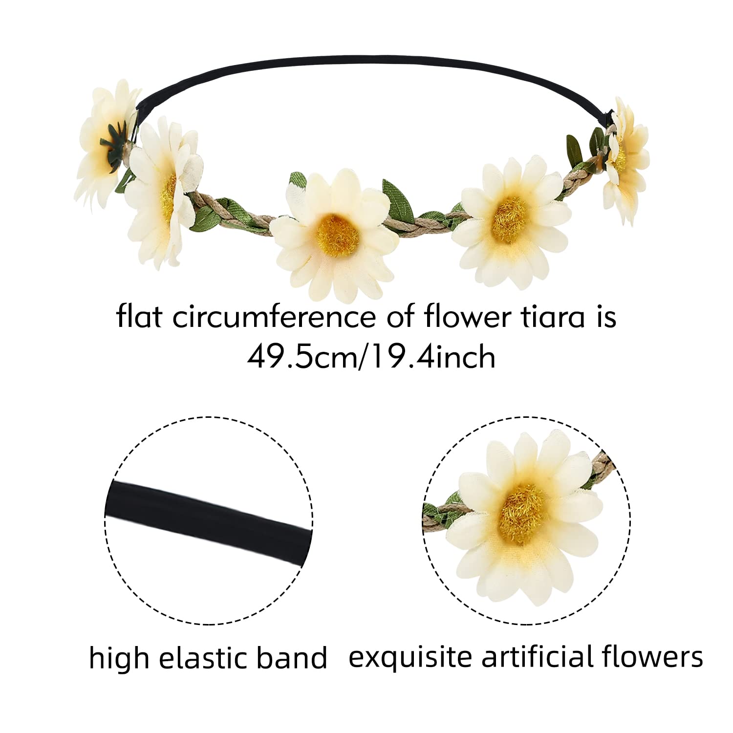 Cinaci 14 Pack Handmade Hawaiian Beach Bohemian Boho Adjustable Sunflower Flower Crowns Headbands Wreath Tiara Garland Wedding Party Headpieces for Women Girls Brides Bridesmaids Teens