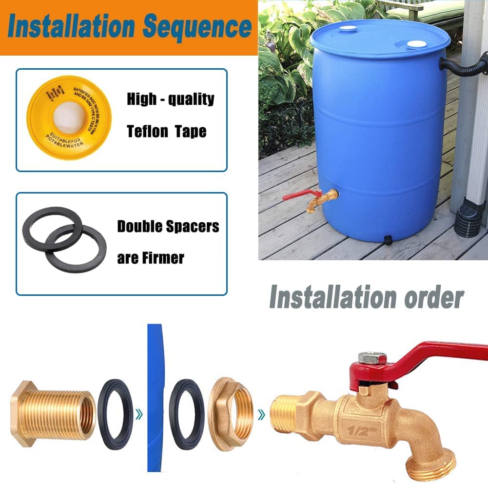 Rain Barrel Spigot, Brass Faucet Kit for Rain Water Barrel, Water Tanks, Tubs, Pools Etc, Turn Ball Valve Rain Barrel Spigot with Bulkhead Fitting Set