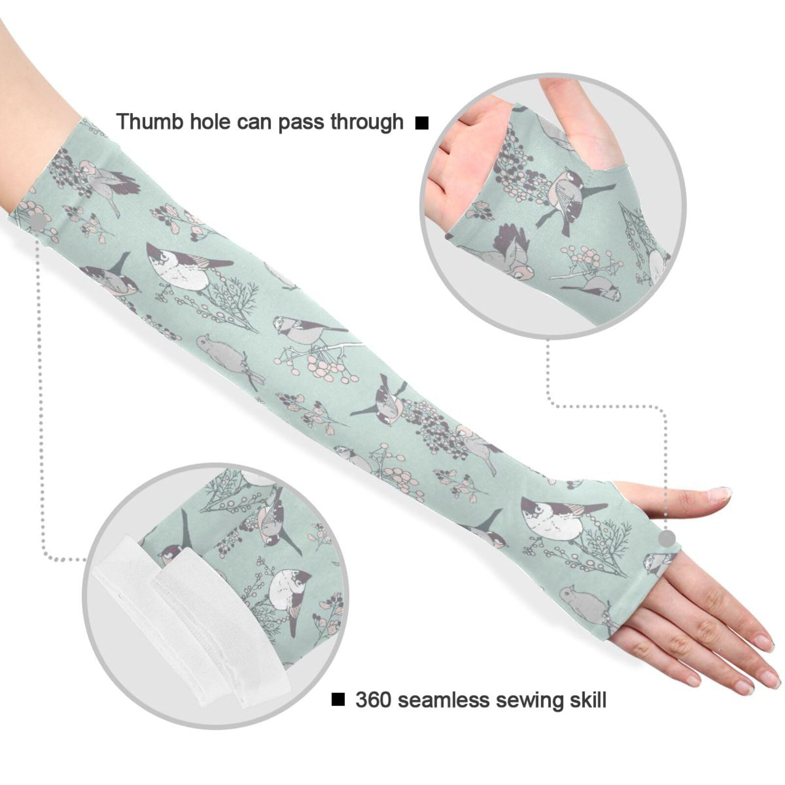 JUNZAN Gardening Sleeves Sun Protection Cooling Sleeves for Women Men with Thumb Hole Spring Birds Flowers