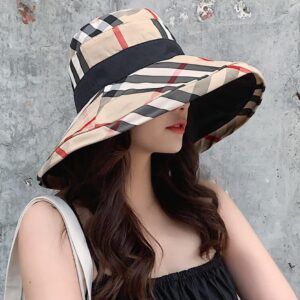 RUINUO Womens Plaid Bucket Hats Wide Brim Sun Hat Double Sided Windproof Summer Beach Hats for Fishing Hiking Travel Golf Beige