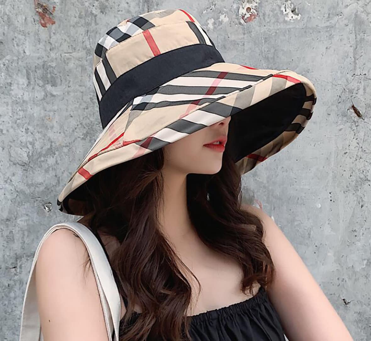 RUINUO Womens Plaid Bucket Hats Wide Brim Sun Hat Double Sided Windproof Summer Beach Hats for Fishing Hiking Travel Golf Beige