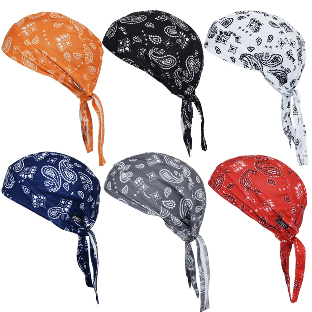 Supeniu Doo Rags Paisley Skull Caps Beanie Hats Helmet Liner Sweat Wicking Hard Hat Motorcycle Cooling Dew Rag Bandana Skull Cap Large Headwrap Do Rags for Men and Women (Paisley 6 Pack)