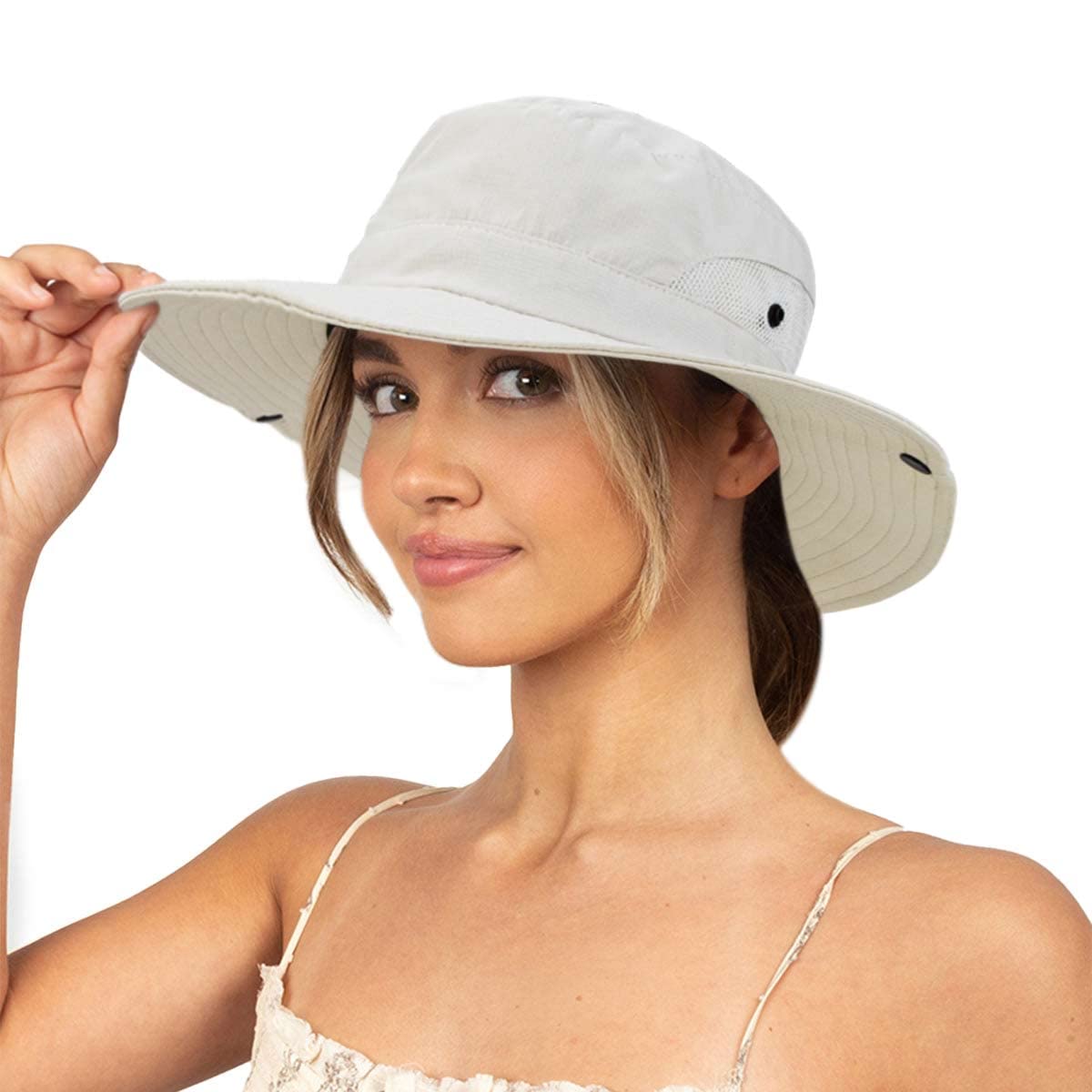 Sun Hat for Women Summer UV Protection Beach Hat Wide Brim Mesh Bucket Fishing Hat with Ponytail Hole Foldable Packable Hat Beige