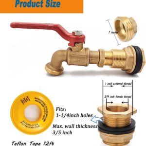 Rain Barrel Spigot, Brass Faucet Kit for Rain Water Barrel, Water Tanks, Tubs, Pools Etc, Turn Ball Valve Rain Barrel Spigot with Bulkhead Fitting Set