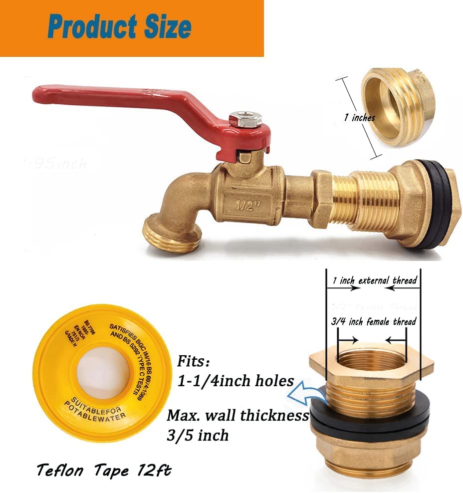 Rain Barrel Spigot, Brass Faucet Kit for Rain Water Barrel, Water Tanks, Tubs, Pools Etc, Turn Ball Valve Rain Barrel Spigot with Bulkhead Fitting Set