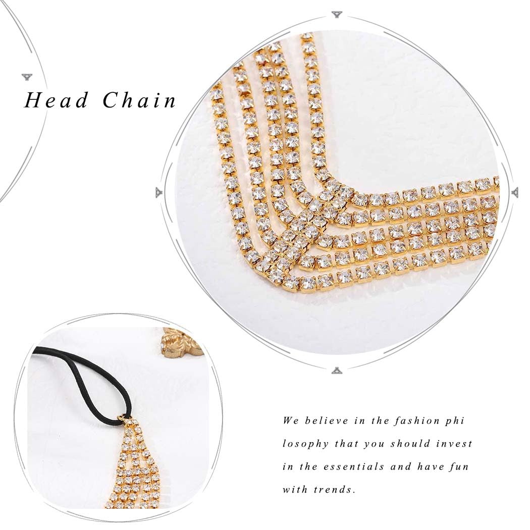 Aularso Gold Head Chain Rhinestone Head Jewelry Elastic Layered Headpiece Wedding Crystal Headbands Chain for Women (Gold)