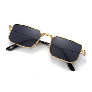 Fayoh Naomi Rectangular Sunglasses Classic Retro Metal Frame Small Size UV400 UV Protection For Men And Women (Gold/Black)