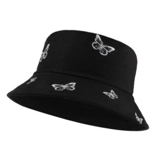 umeepar embroidered bucket hat reversible packable foldable beach sun hat outdoor cap for women men (butterfly black/plain black)