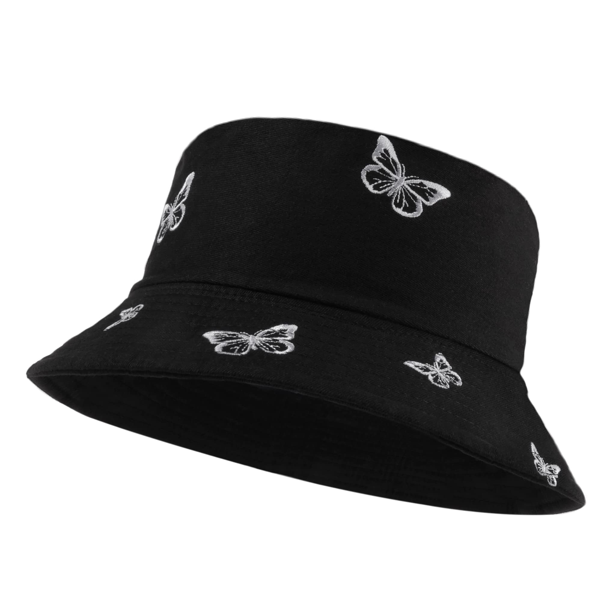 Umeepar Embroidered Bucket Hat Reversible Packable Foldable Beach Sun Hat Outdoor Cap for Women Men (Butterfly Black/Plain Black)