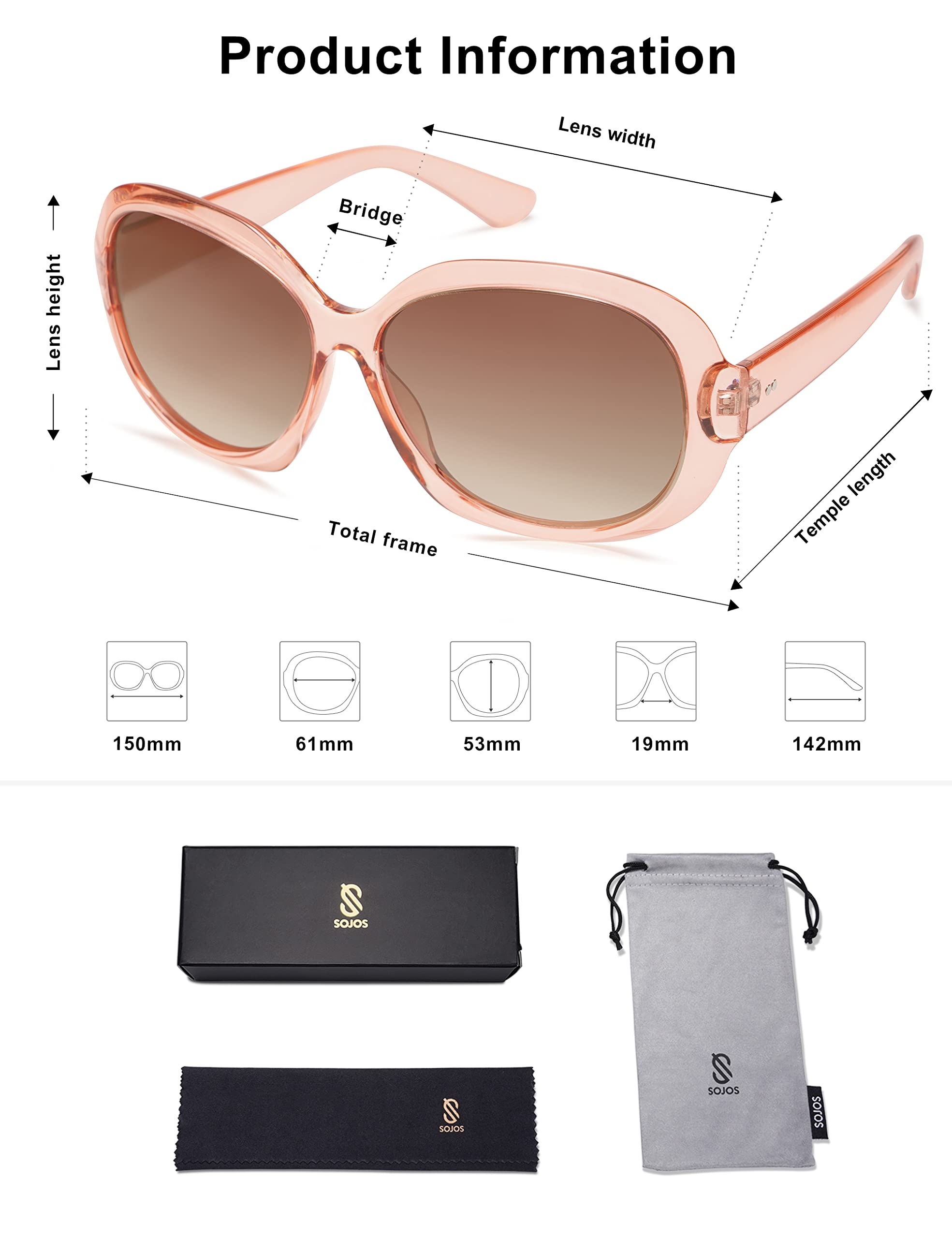 SOJOS Vintage Polarized Sunglasses Womens Trendy Oversize Big Frame Sun Glasses UV Protection SJ2209 Transparent Pink Frame Gradient Pink Lens