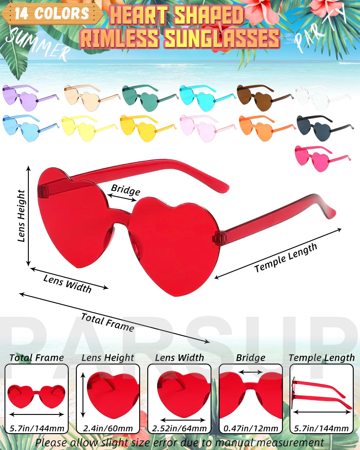 PARSUP 14 Pairs Heart Shaped Rimless Frameless Sunglasses Transparent Candy Color Glasses Tinted Eyewear Bachelorette Party Favors Photo Booth Props,14 Colors