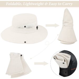 Sun Hat for Women Summer UV Protection Beach Hat Wide Brim Mesh Bucket Fishing Hat with Ponytail Hole Foldable Packable Hat Beige