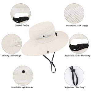 Sun Hat for Women Summer UV Protection Beach Hat Wide Brim Mesh Bucket Fishing Hat with Ponytail Hole Foldable Packable Hat Beige