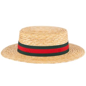 ZAKIRA Classic Straw Boater Hat Handmade from Natural Straw (Green-Red Band, M)