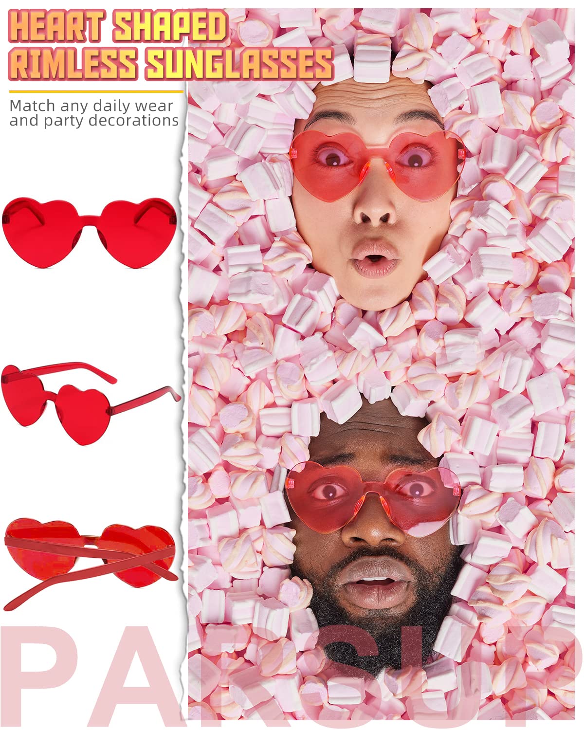 PARSUP 14 Pairs Heart Shaped Rimless Frameless Sunglasses Transparent Candy Color Glasses Tinted Eyewear Bachelorette Party Favors Photo Booth Props,14 Colors