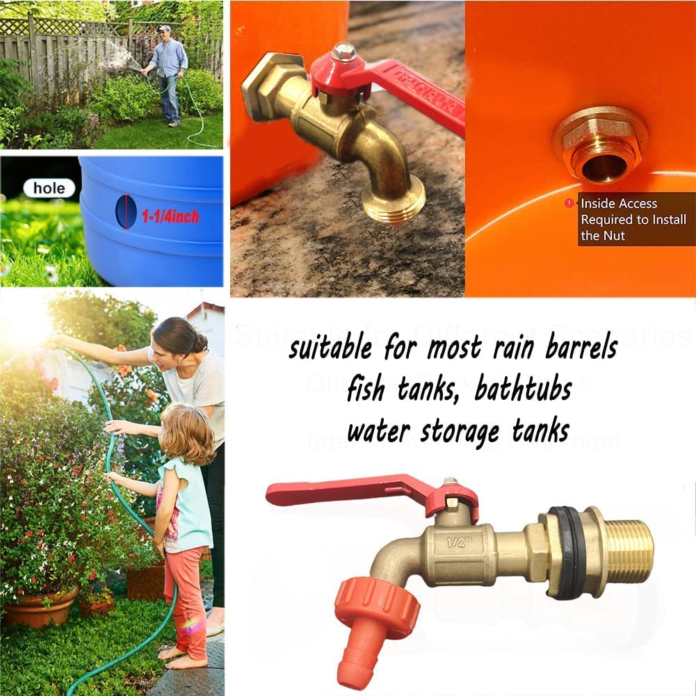 Rain Barrel Spigot, Brass Faucet Kit for Rain Water Barrel, Water Tanks, Tubs, Pools Etc, Turn Ball Valve Rain Barrel Spigot with Bulkhead Fitting Set