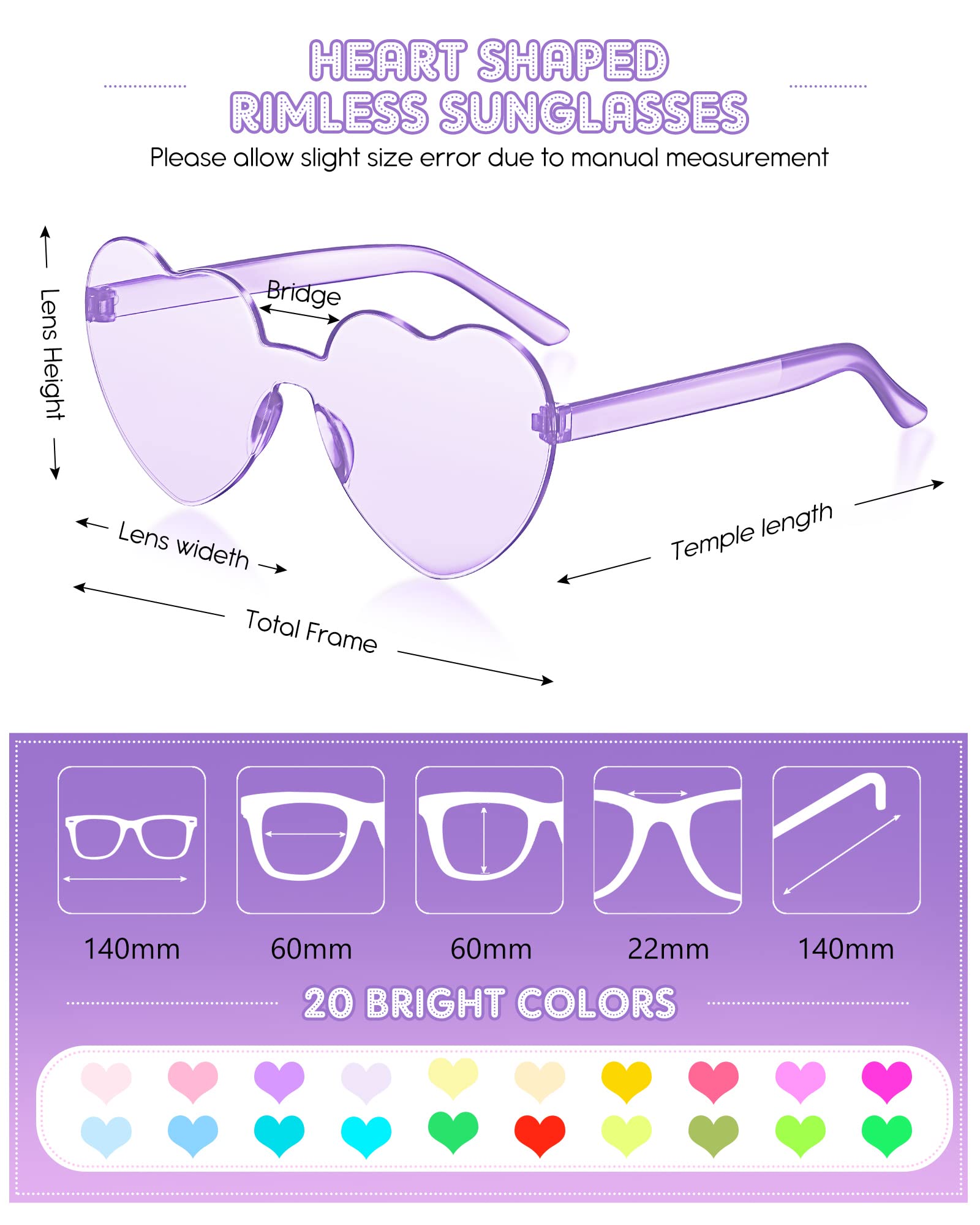 Frienda 20 Pairs Heart Shaped Sunglasses Rimless Candy Color Glasses for Women Men Party Favor(Elegant Colors)