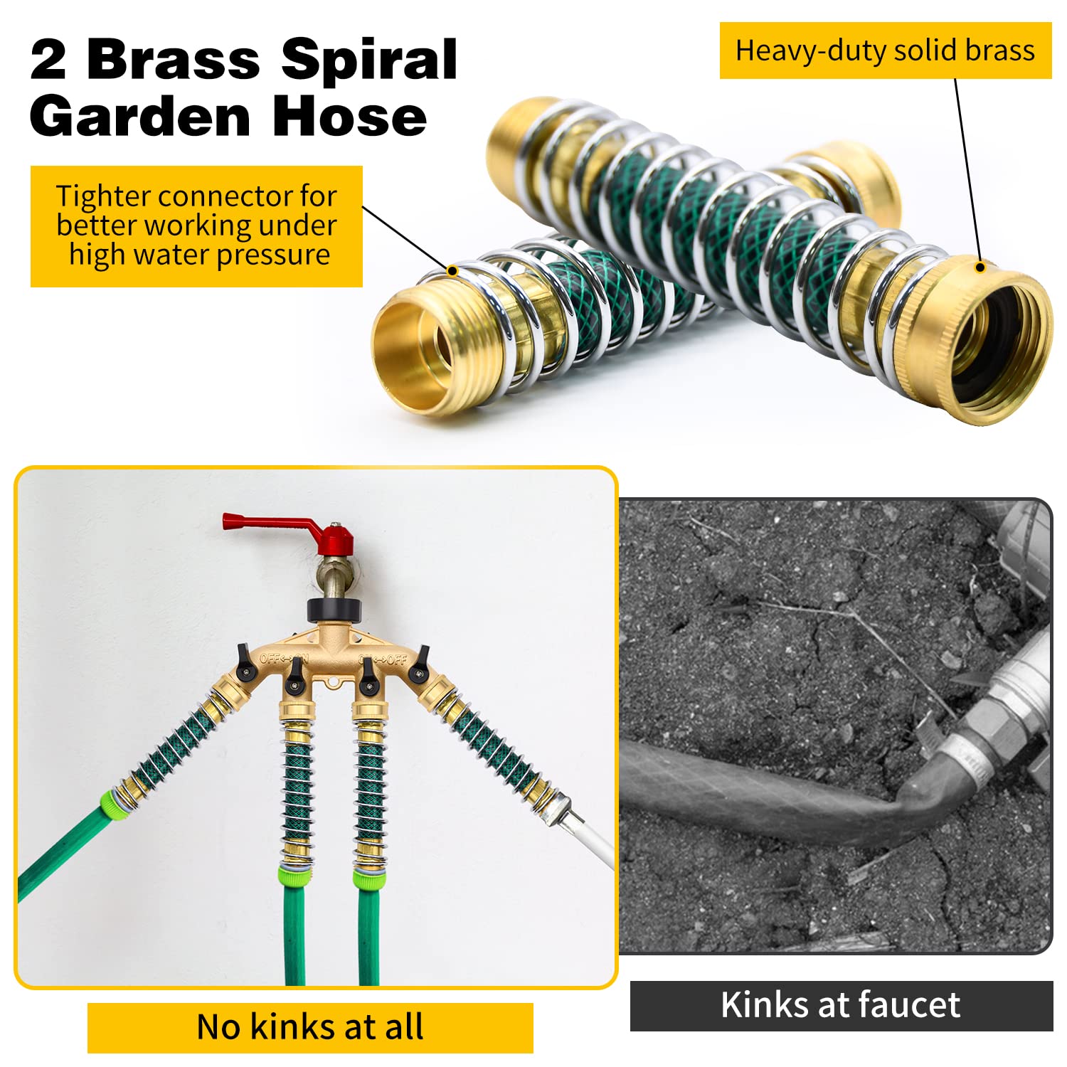 4 Way Hose Splitter with 4Pcs Garden Hose Extension Adapter, Brass Garden Hose Splitter Set, Hose Spigot Adapter with 4 Valves and 12 Rubber Washers & 4 Tapes (4 Way Splitter with 4Pcs hose protector)