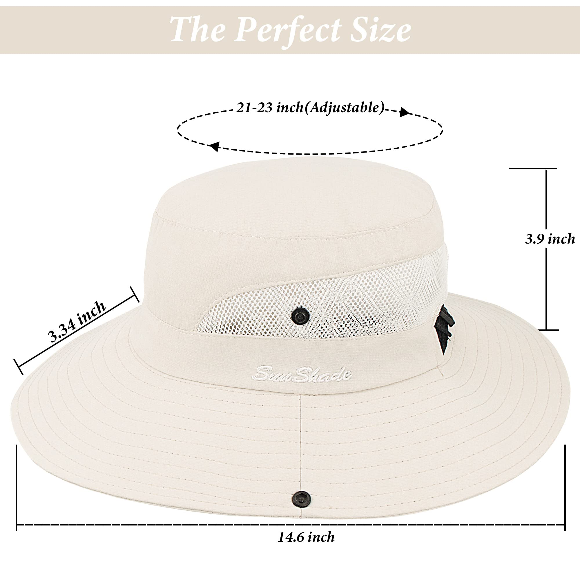 Sun Hat for Women Summer UV Protection Beach Hat Wide Brim Mesh Bucket Fishing Hat with Ponytail Hole Foldable Packable Hat Beige