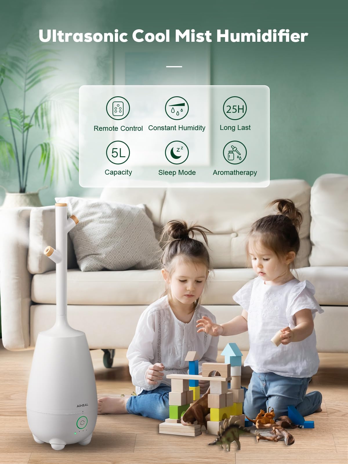 Aiheal Humidifiers for Bedroom Large Room Home, 5L Top Fill Cool Mist Ultrasonic Humidifier for Baby Plants, Smart Humidistat Mode, Essential Oil Diffuser, Sleep Mode, Auto Off and Ultra Quiet, White