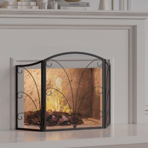 Kingson 3-Panel Arched Fireplace Screen Decorative, Handcrafted Scroll Wrought Iron Fireplace Spark Guard Cover - Black