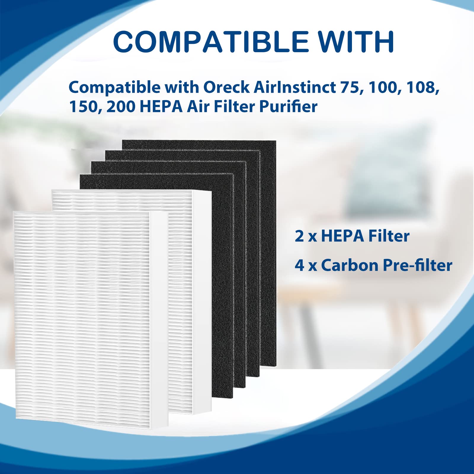 Air108 HEPA Filter Replacement Compatible with Oreck AirInstinct Air Cleaner Purifiers 75, 100, 108, 150, 200, Including 2 Ture HEPA Filters and 4 Carbon Pre-Filters