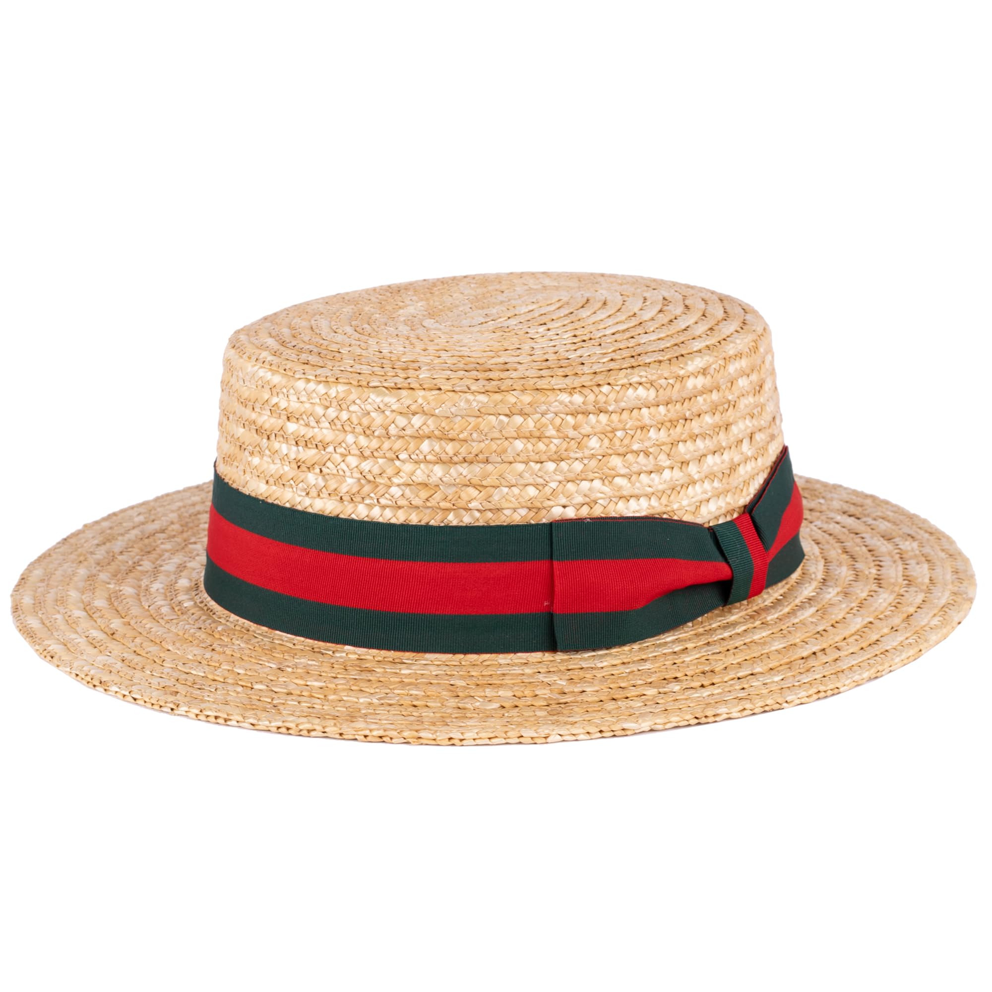 ZAKIRA Classic Straw Boater Hat Handmade from Natural Straw (Green-Red Band, M)