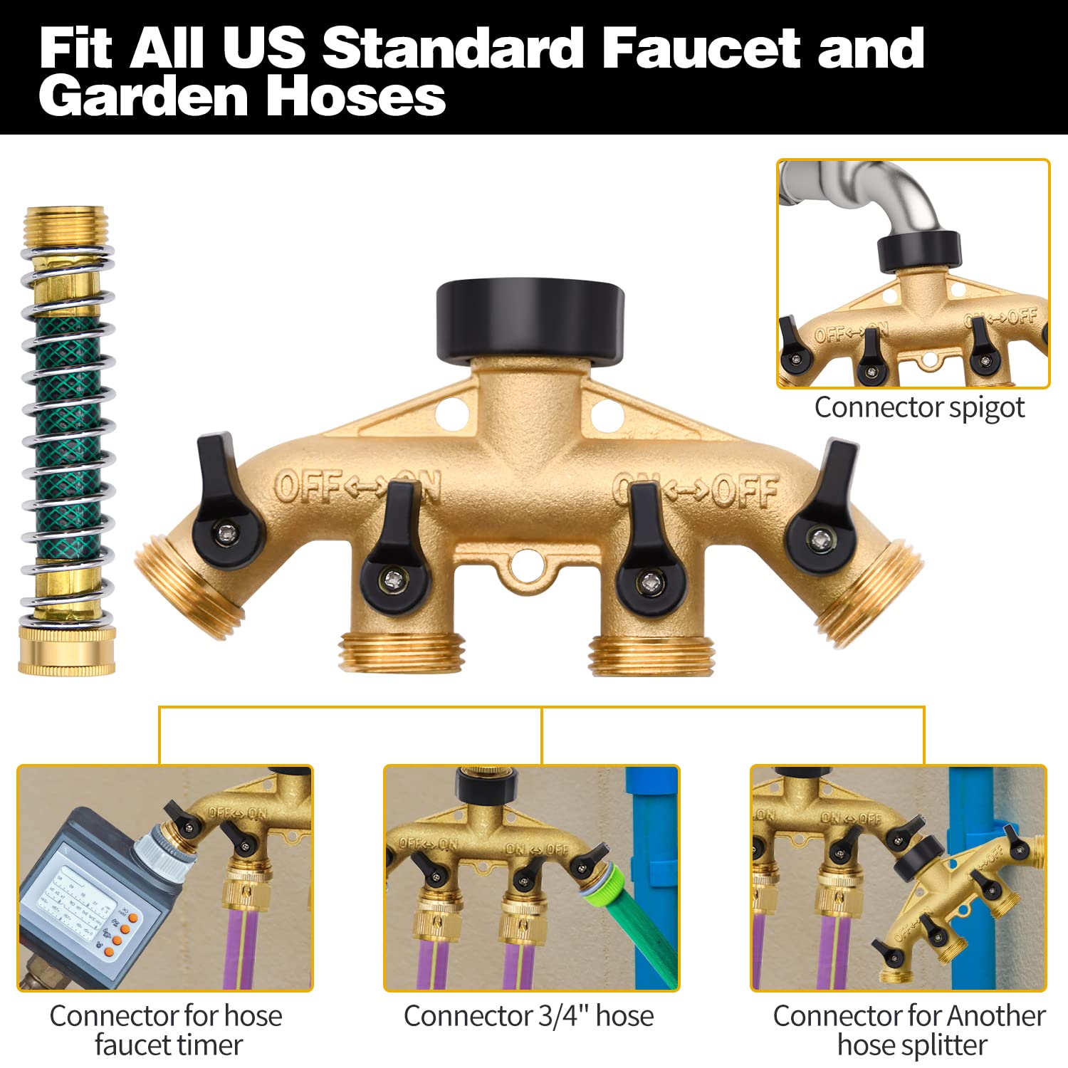 4 Way Hose Splitter with 4Pcs Garden Hose Extension Adapter, Brass Garden Hose Splitter Set, Hose Spigot Adapter with 4 Valves and 12 Rubber Washers & 4 Tapes (4 Way Splitter with 4Pcs hose protector)