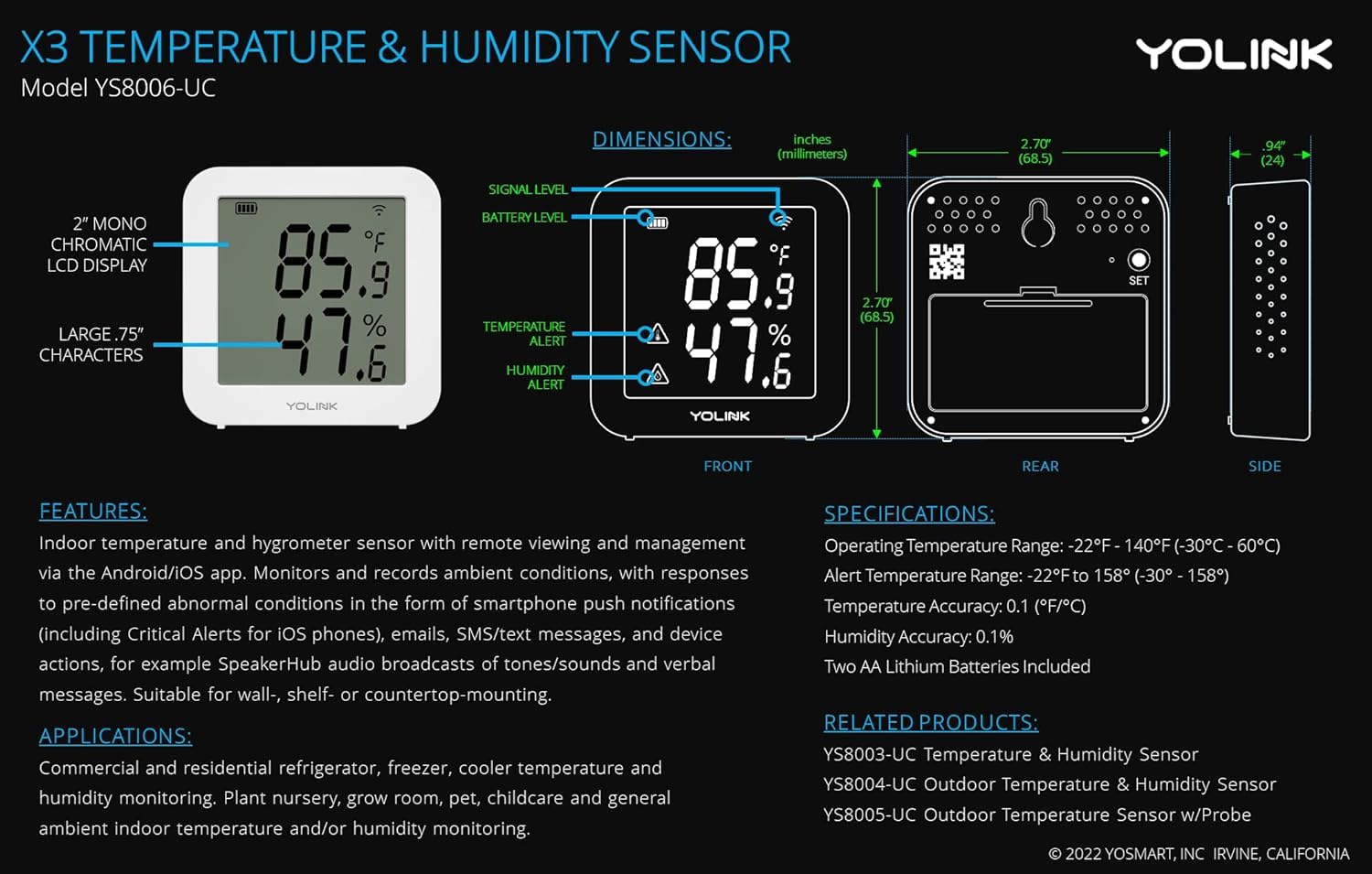 YoLink X3 Version Temperature & Humidity Sensor, Supports App Real-Time Data Refresh, Alexa, IFTTT, Home Assistant Integration - YoLink Hub Required