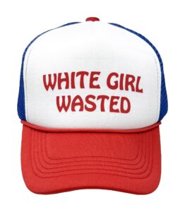 funky junque bridal snapback trucker hat - white girl wasted (white/red/blue)