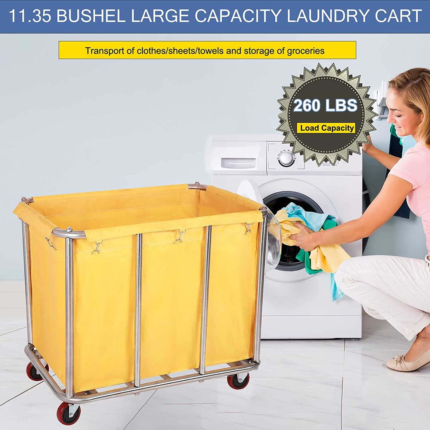 Graywlof Commercial Large Stainless Steel Laundry Cart with Wheels - Heavy Duty Rolling Laundry Cart for Industrial/Home，11.35 Bushel,35.4" Lx25.6 Wx31.5 H